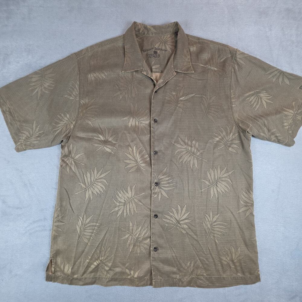 Tommy Bahama TB118 100% Silk Shirt Mens L Brown Palm Camp Casual Darino Intl